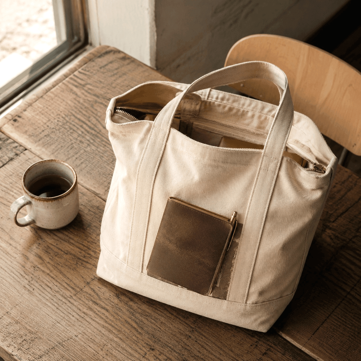 Agape canvas tote carried at daylight